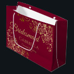 Burgundy Maroon & Gold Lace Elegant Bridesmaid Large Gift Bag<br><div class="desc">This beautiful gift bag is designed as a wedding gift or favour bag for Bridesmaids. It features an elegant burgundy, maroon, or wine red and gold design with golden lace frills in the corners the text "Bridesmaid" as well as a place to enter her name, the couple's name, and the...</div>