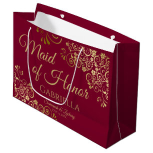 Burgundy Maroon & Gold Lace Maid of Honour Wedding Large Gift Bag