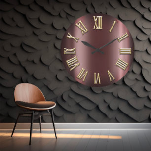 Burgundy Maroon Gold Metallic Roman Number Large Clock