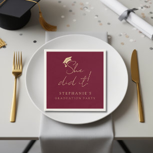 Burgundy Maroon Gold She Did It Modern Graduation Napkin