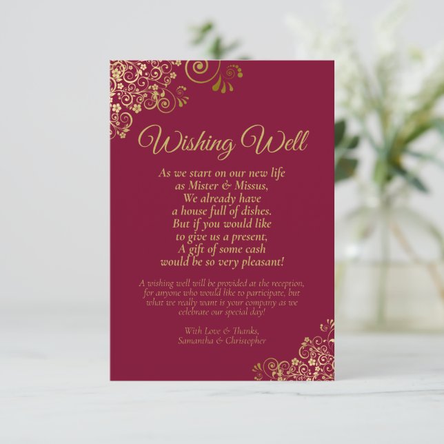 Burgundy Maroon & Gold Wedding Wishing Well Poem Enclosure Card (Standing Front)