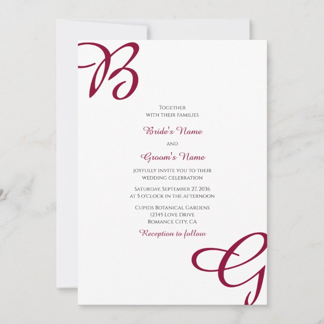 Burgundy Maroon Initials Autumn Fall Wedding Invitation (Front)