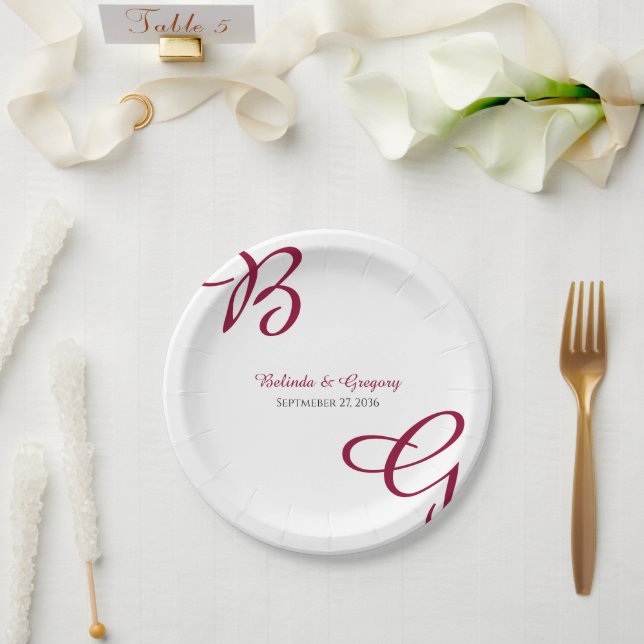 Burgundy Maroon Initials Autumn Fall Wedding Paper Plate (Wedding)