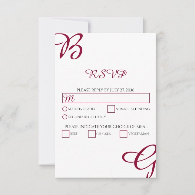 Burgundy Maroon Initials Autumn Fall Wedding   RSVP Card (Front)