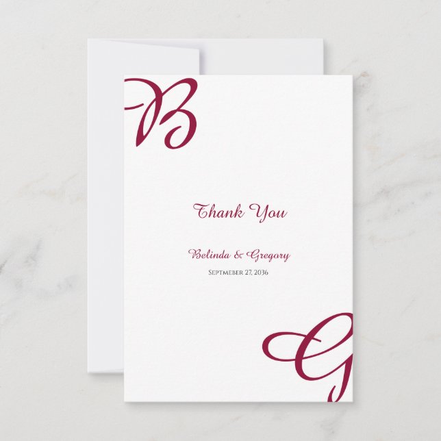 Burgundy Maroon Initials Autumn Fall Wedding  Thank You Card (Front)