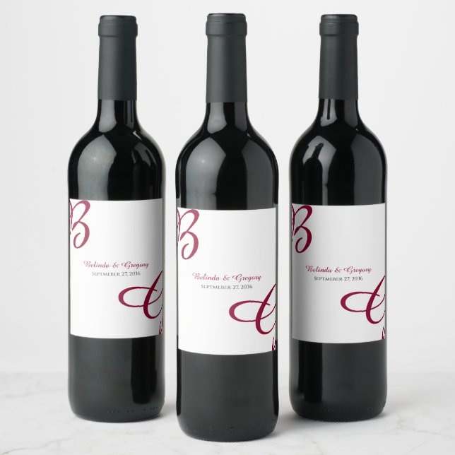 Burgundy Maroon Initials Autumn Fall Wedding Wine Label (Bottles)
