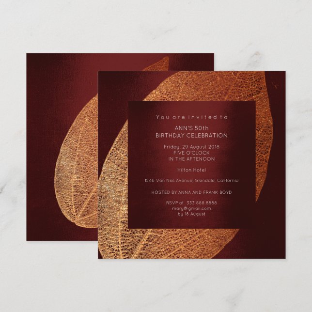 Burgundy Maroon Leaf Gold Birthday Party Invitation (Front/Back)
