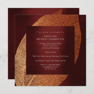 Burgundy Maroon Leaf Gold Birthday Party Invitation