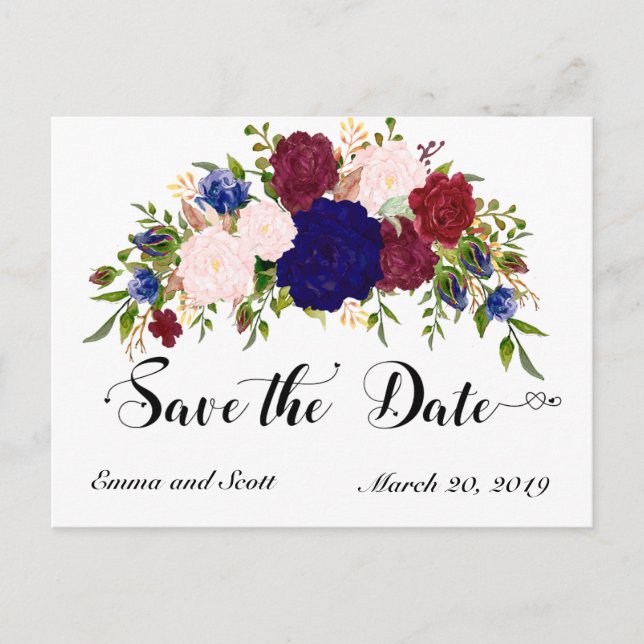 Burgundy Maroon  Navy Floral Flowers Save The Date Announcement Postcard (Front)