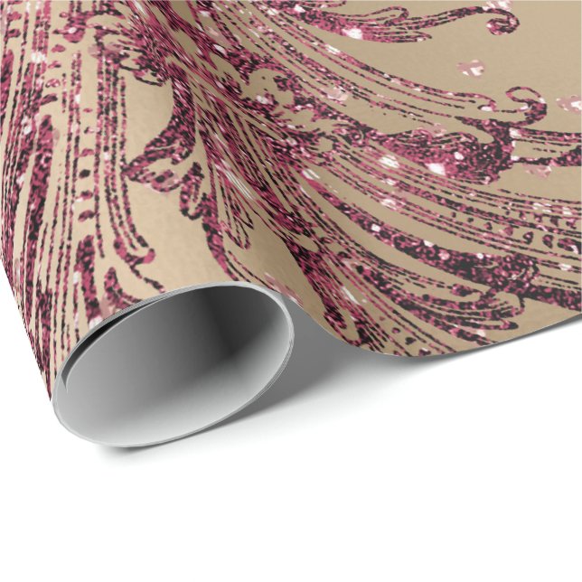 Burgundy Maroon Pink Rose Gold Royal Floral Hearts Wrapping Paper (Roll Corner)