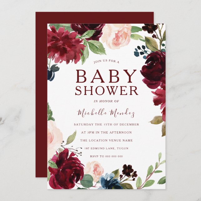 Burgundy Maroon Red Beautiful Baby Shower Invitation (Front/Back)