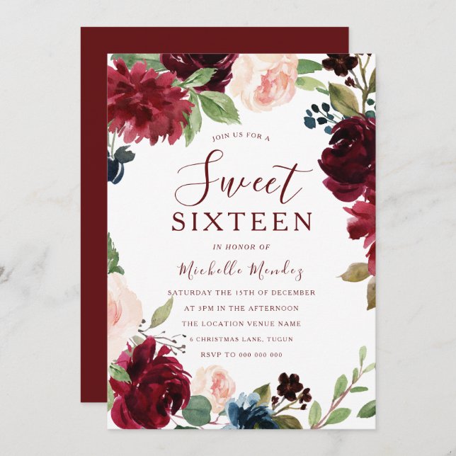 Burgundy Maroon Red Floral Sweet 16 Party Invitation (Front/Back)