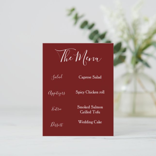 Burgundy Maroon Red  White Menu Minimalist  Postcard (Standing Front)