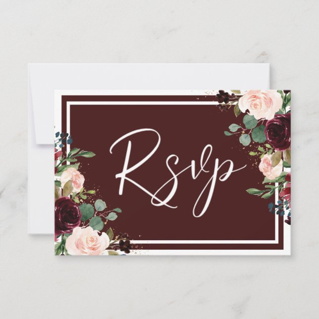 Burgundy Maroon Red Wine & Blush Flowers Wedding RSVP Card (Front)