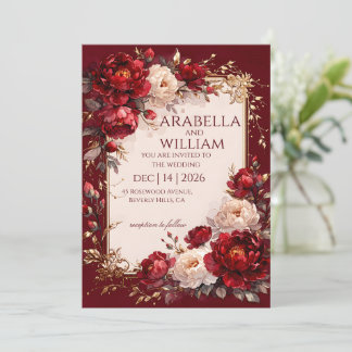 Burgundy maroon Roses gold frame Elegant wedding I Invitation