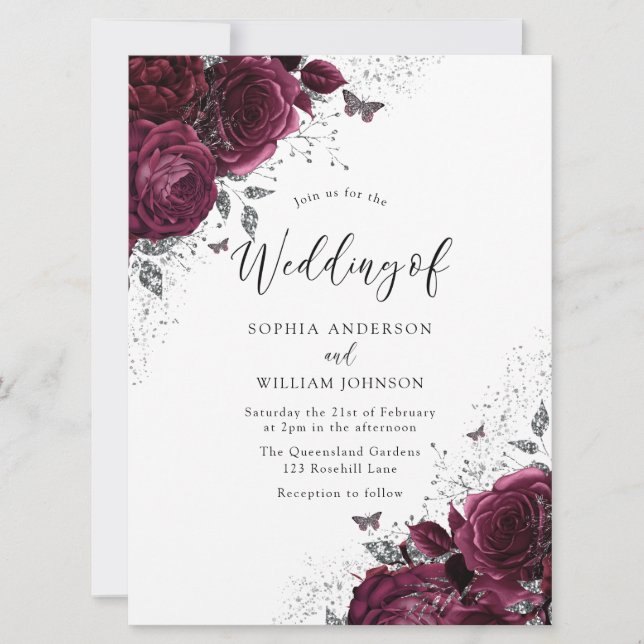 Burgundy Maroon Roses Silver Elegant Large Wedding Invitation (Front)