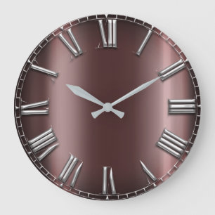 Burgundy Maroon Silver Grey Metallic Roman Number Large Clock