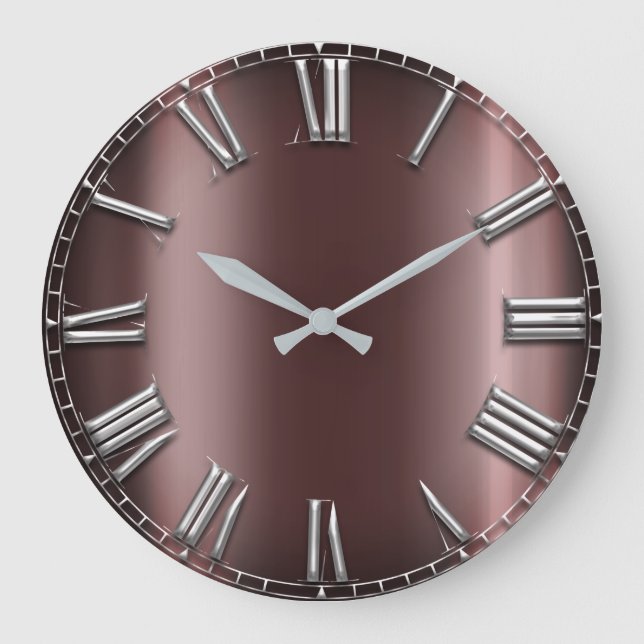 Burgundy Maroon Silver Grey Metallic Roman Number Large Clock (Front)