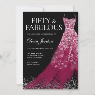 Burgundy Maroon Sparkle Dress 50th Birthday Party  Invitation