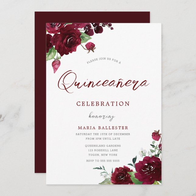 Burgundy Maroon Watercolor Flowers Quinceanera  Invitation (Front/Back)
