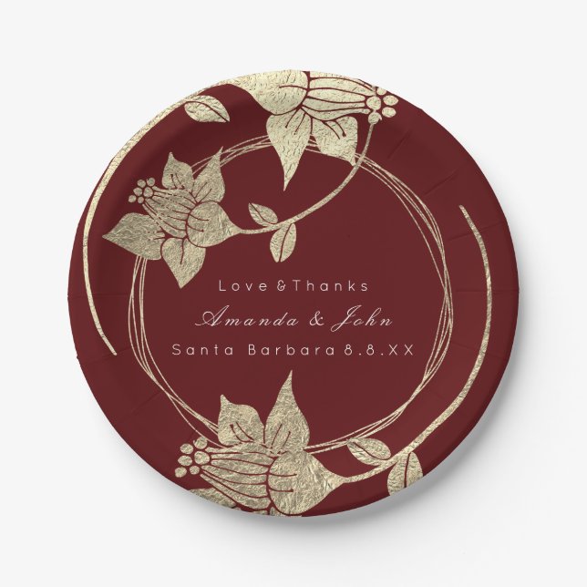Burgundy Maroon Wedding Gold Floral Wreath Holiday Paper Plate (Front)