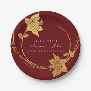 Burgundy Maroon Wedding Gold Floral Wreath Red Paper Plate