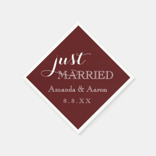 Burgundy Maroon White Name Date Just Married Napkin