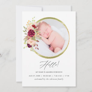 Burgundy-Marsala and Blush Birth Announcement Card