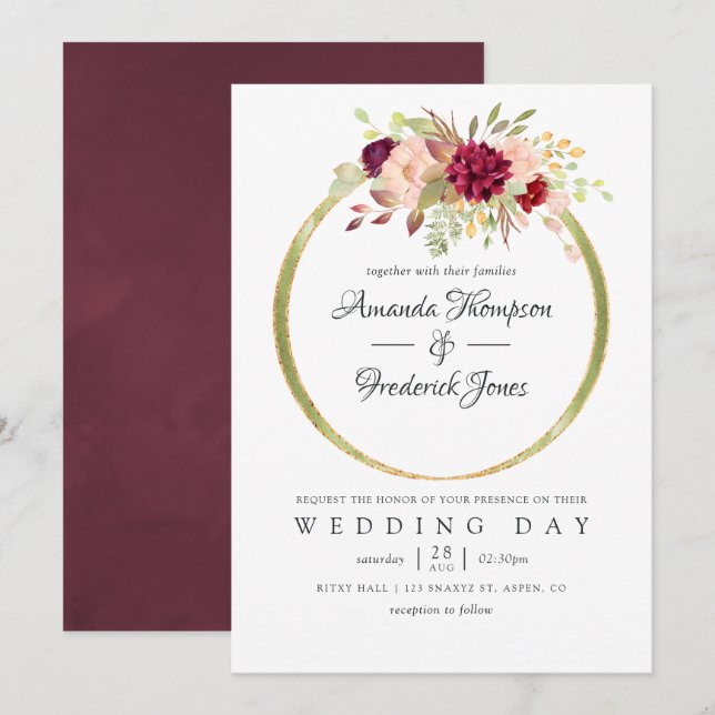Burgundy-Marsala and Blush Boho Geometric Wedding Invitation (Front/Back)