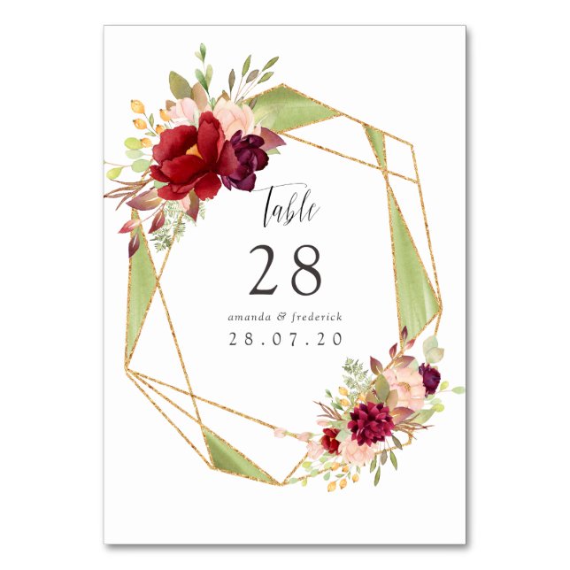 Burgundy-Marsala and Blush Boho Geometric Wedding Table Number (Front)