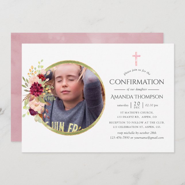 Burgundy-Marsala and Blush Confirmation Invitation (Front/Back)
