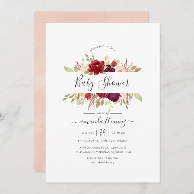 Burgundy - Marsala and Blush Floral Baby Shower Invitation (Front/Back)