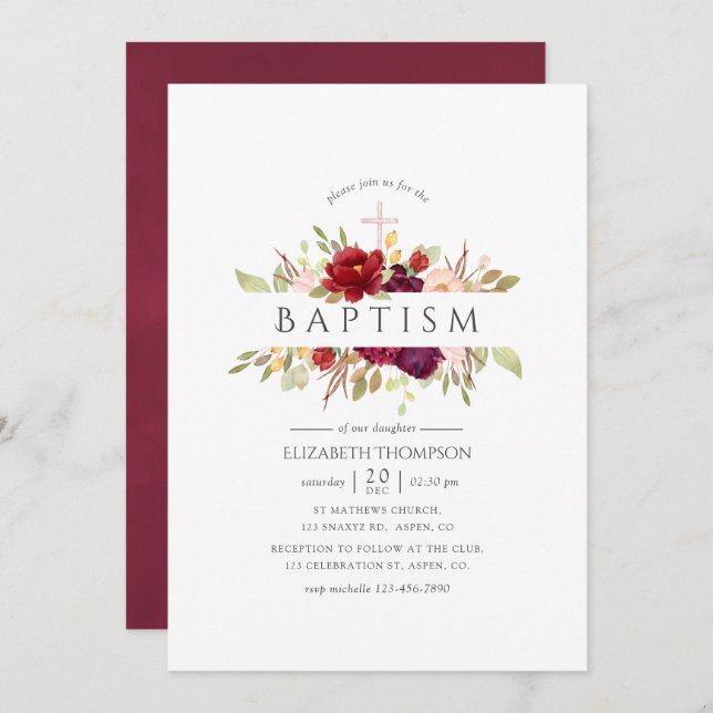 Burgundy - Marsala and Blush Floral Baptism Invitation (Front/Back)