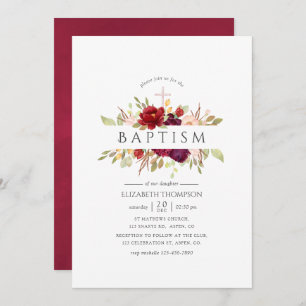 Burgundy - Marsala and Blush Floral Baptism Invitation