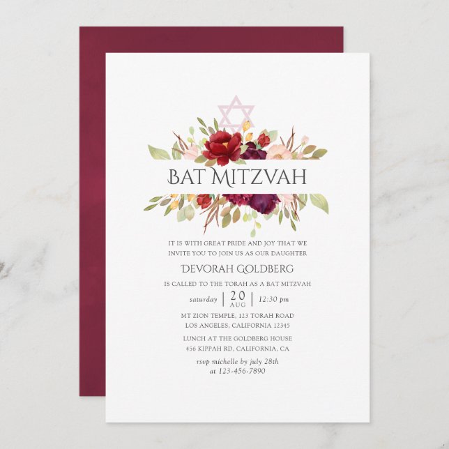 Burgundy - Marsala and Blush Floral Bat Mitzvah Invitation (Front/Back)