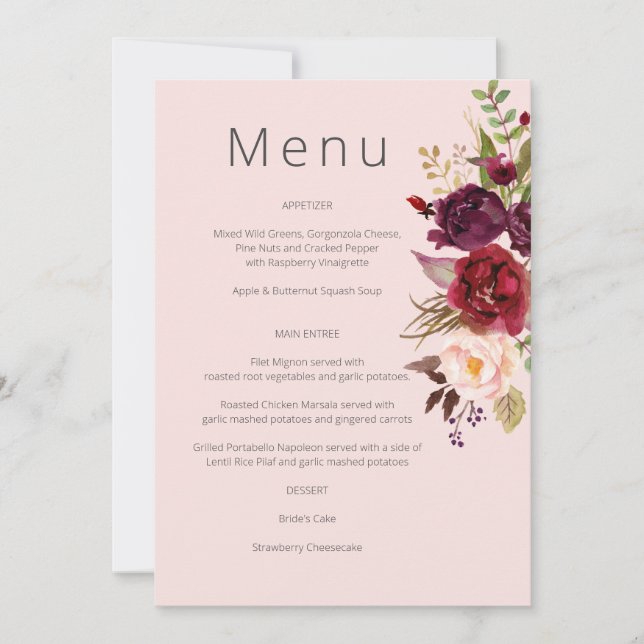 Burgundy Marsala and Blush Floral Menu - Pink Invi Invitation (Front)