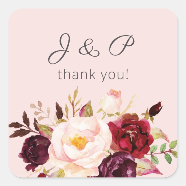 Burgundy Marsala and Blush Floral Monogram - Pink Square Sticker (Front)