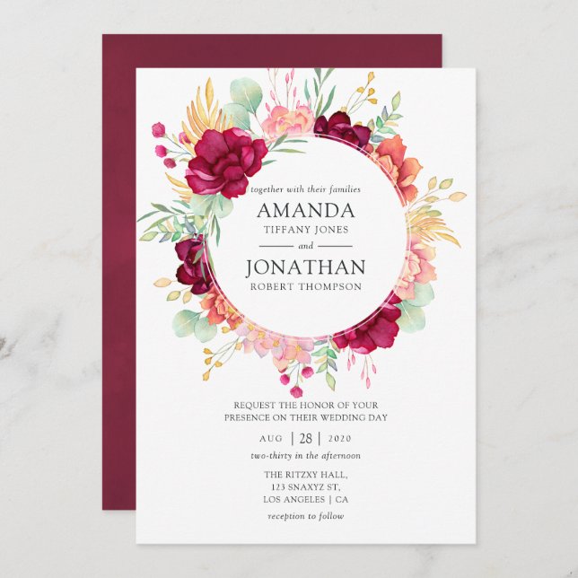 Burgundy - Marsala and Blush Floral Wedding Invitation (Front/Back)