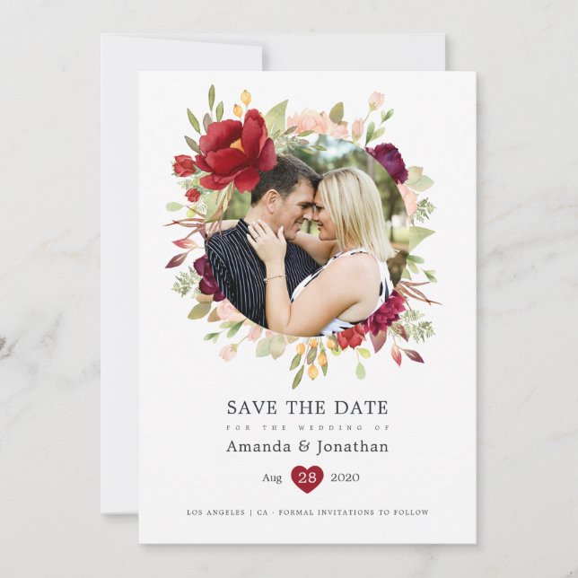 Burgundy - Marsala and Blush Floral Wedding Save The Date (Front)