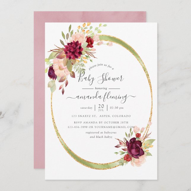 Burgundy-Marsala and Blush Geometric Baby Shower Invitation (Front/Back)