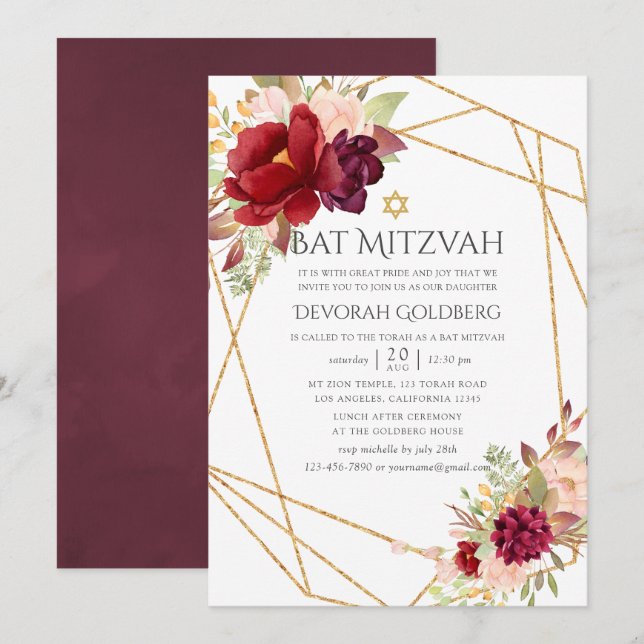 Burgundy-Marsala and Blush Geometric Bat Mitzvah Invitation (Front/Back)
