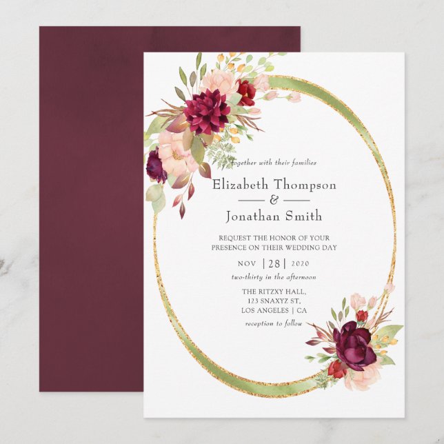 Burgundy - Marsala and Blush Geometric Wedding Invitation (Front/Back)