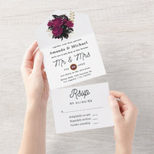 Burgundy - Marsala and Gold Floral Wedding All In One Invitation