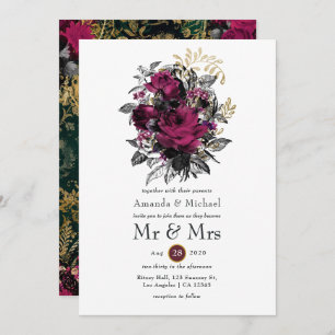 Burgundy - Marsala and Gold Floral Wedding Invitation