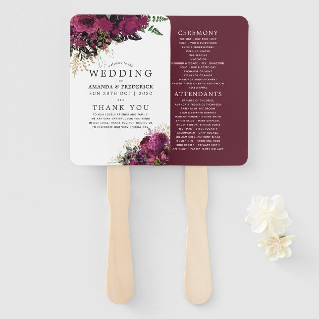 Burgundy - Marsala and Gold Floral Wedding Program Hand Fan (Front and Back)