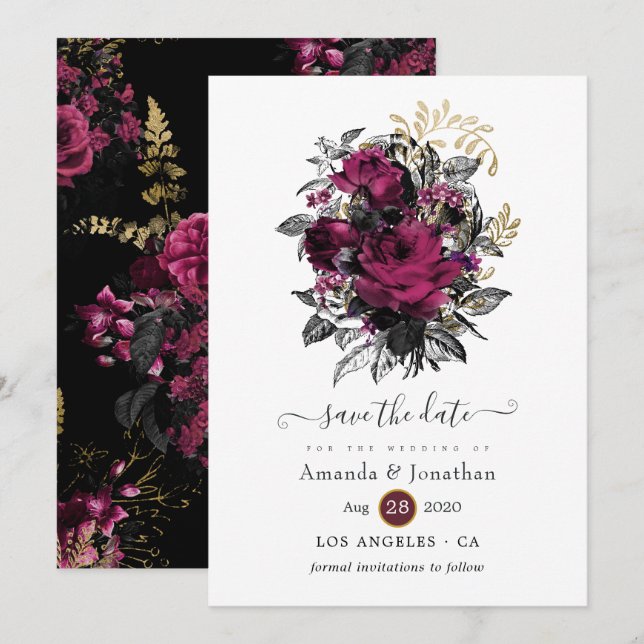 Burgundy - Marsala and Gold Floral Wedding Save The Date (Front/Back)