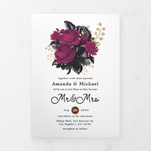 Burgundy - Marsala and Gold Floral Wedding Tri-Fold Invitation