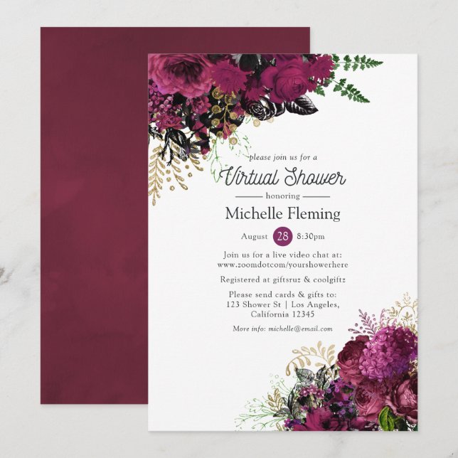 Burgundy - Marsala and Gold Virtual Bridal Shower Invitation (Front/Back)
