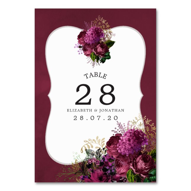 Burgundy - Marsala and Gold Wedding Table Number (Front)