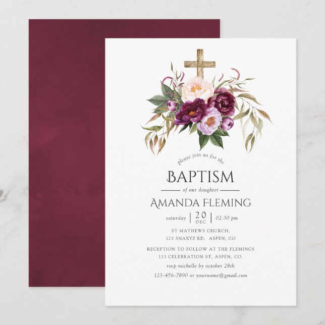 Burgundy/Marsala and Peach Baptism or Christening Invitation (Front/Back)